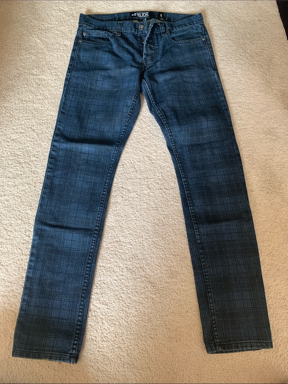 RUDE Men's Slim Straight Plaid Jeans - Dark Blue